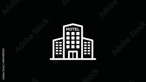 Hotel building icon on a black background.