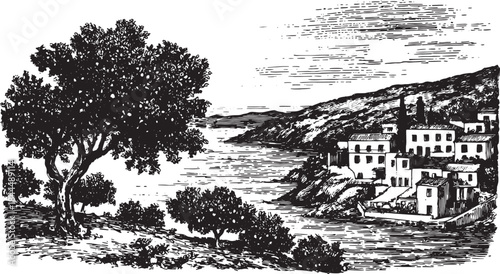 A Mediterranean coastal landscape featuring citrus trees on cliffs with beautiful views. Black and white vector illustration, ideal for graphic designs.