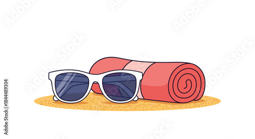 Sunglasses lie beside a rolled beach mat on warm sandy shore awaiting a relaxing day by the sea under a bright sunny sky.