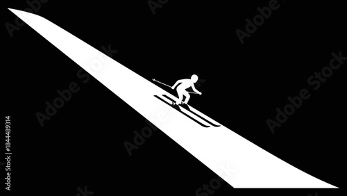 Silhouette of a skier descending a snowy slope.