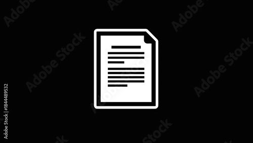White Document Icon with Lines of Text on Black Background.