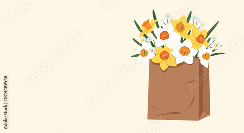 Cheerful bouquet of yellow white and orange flowers placed in a brown paper bag against a pale beige background evokes gift freshness and springtime charm.