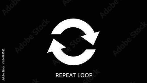 White Repeat Loop Symbol on Black Background.