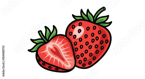 Two bright strawberries with one sliced to reveal juicy red flesh and tiny seeds along the surface displayed in a vivid close up on a clean white background.