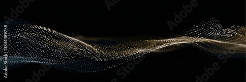 Abstract black backdrop with a flowing wave of particle dots, suitable for corporate presentations for tech companies, product packaging for electronics, or sleek design elements.