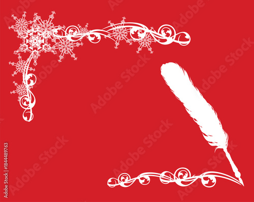 writing letter with christmas wishes to santa copy space vector design - winter season elegant snow frame and feather quill pen silhouette editable outline