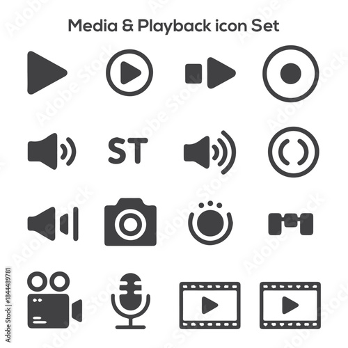 Media and Playback Icon Set: Sleek Vector Collection for User Interface Design & Video Apps