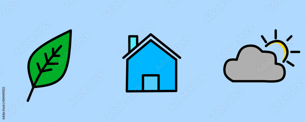 Obraz premium Simple Flat Icon Set Vector Illustration, Leaf Home and Weather Icons with Bold Outline Style