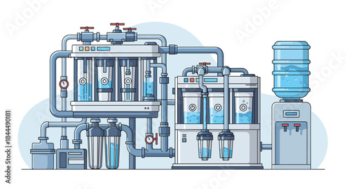 Modern industrial water treatment system with pipes and tanks and filtration units showing automated controls and multi stage purification for clean water.