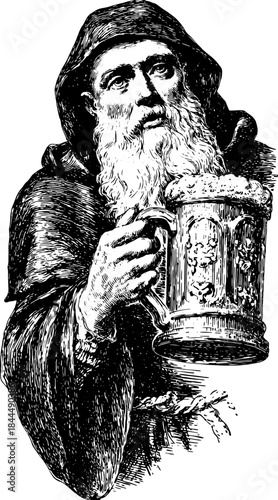 Historic monk with beer mug in a detailed black and white vector illustration. A vintage artwork showcasing traditional attire and expression.