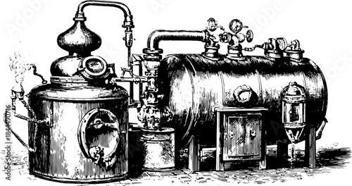 Antique distillation apparatus engraving. Detailed machinery vector illustration featuring pipes and vessel in a vintage style set.