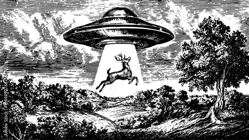 Vintage engraving of a deer silhouette being abducted by a UFO in a rural landscape. This vector illustration captures an extraterrestrial mystery.