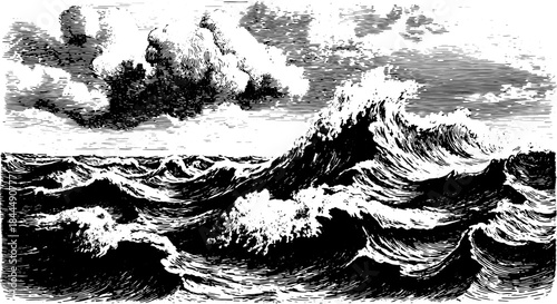 Ocean waves with clouds in vintage engraving style. Detailed hand-drawn vector illustration showing a dramatic black ink print design.