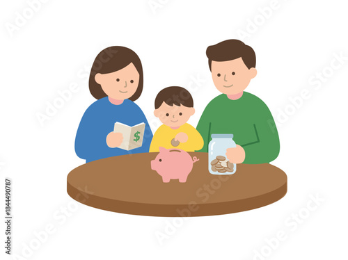 Family saving money together with piggy bank.