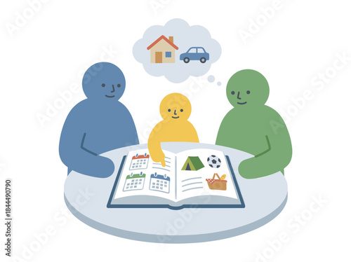 Family planning future goals and dreams together around a table.