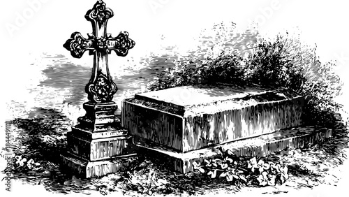 Engraving of a grave with a cross and tombstone. Vintage line drawing illustration with flowers in a set, created in vector style.