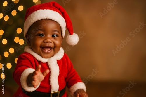 Happy one-year-old baby in Santa costume reaching hand toward camera. for Christmas banners, cards