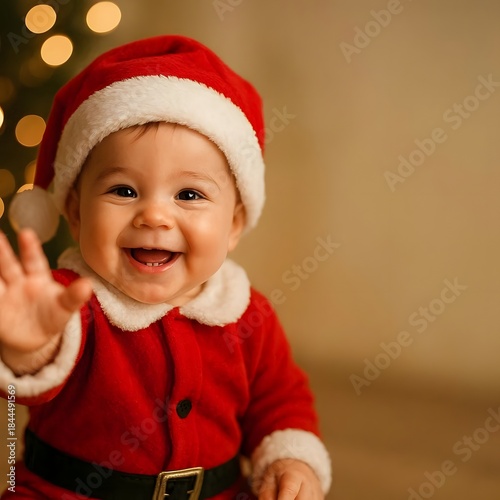 Happy one-year-old baby in Santa costume reaching hand toward camera. for Christmas banners, cards