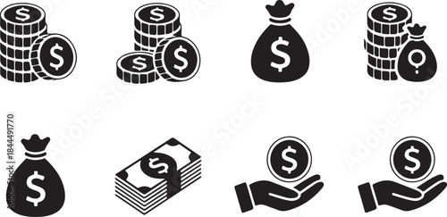 money currency wealth finance icons black silhouette vector set for economic design