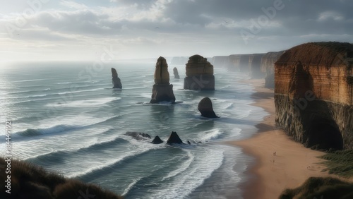 Coastal rock formations on a dramatic beach