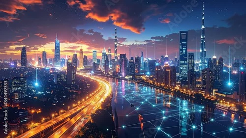 Wallpaper Mural Futuristic Cityscape at Night with Glowing Lights, Modern Architecture and Glowing Network Torontodigital.ca