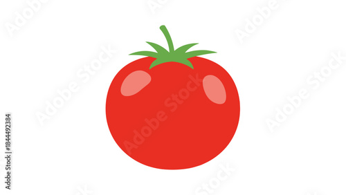 A simple graphic illustration of a ripe red tomato with a green stem and leaves