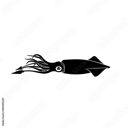 Black silhouette of a squid swimming, depicted as a simple graphic icon on a clean white background.