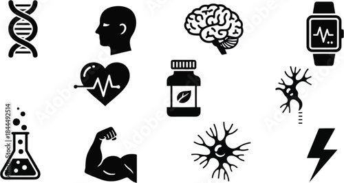 Collection of health and fitness icons in outline style on transparent background silhouette