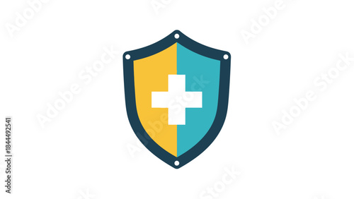 A stylized shield with a white cross in the center representing healthcare and protection