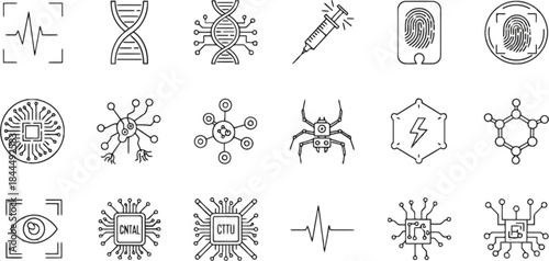 Biotechnology and medical icons set science symbols on transparent background silhouette