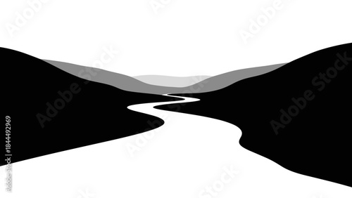 Minimalist Black and White Landscape with Winding River.
