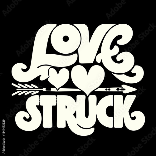 Cream colored love struck text with arrow and hearts