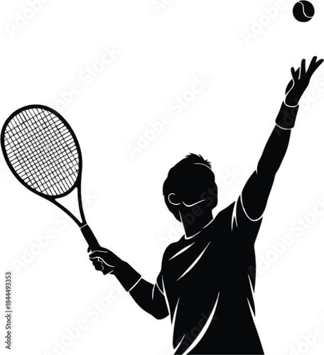Tennis player serving with racket in a dynamic pose on transparent background silhouette