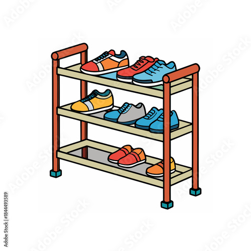 Shoes organized on a three tier rack art on transparent background