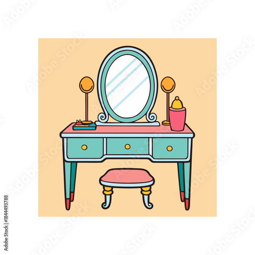 Cartoon vanity table with mirror and stool on transparent background