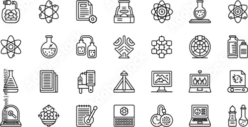 Collection of science icons in linear style perfect for design on transparent background silhouette