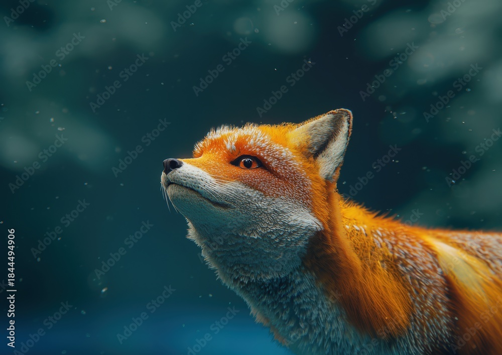 Naklejka premium A majestic fox exhibits a calm and contemplative expression, looking upwards against a softly blurred natural setting. Ideal for themes of tranquility, nature, and wildlife.