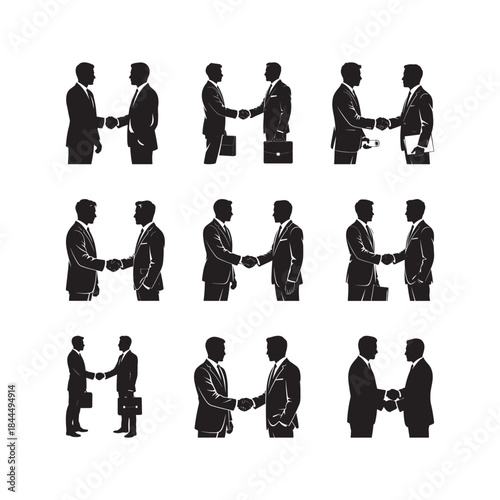 Black Color Business Partnership Handshake Silhouette Vector Illustration, Solid White Background.