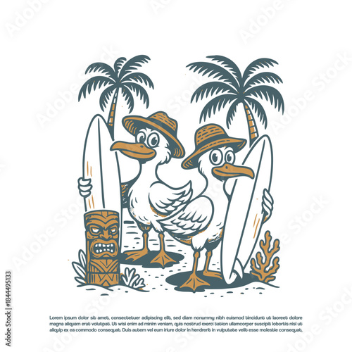 Surfing Seagulls on Tropical Beach with Palm Trees Cartoon Illustration