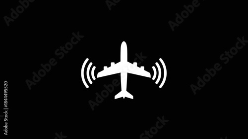 White airplane icon with signal waves on black background.