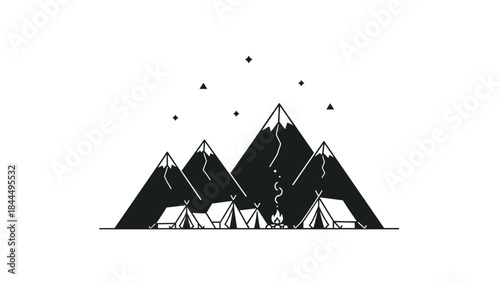 Mountain camping adventure with tents and campfire under stars.