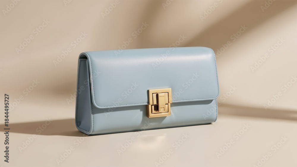 Fototapeta premium A stylish light blue leather handbag with a gold toned clasp is presented