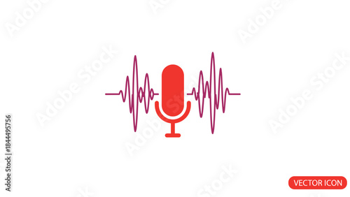 Red Microphone with Sound Wave Icon on White Background.