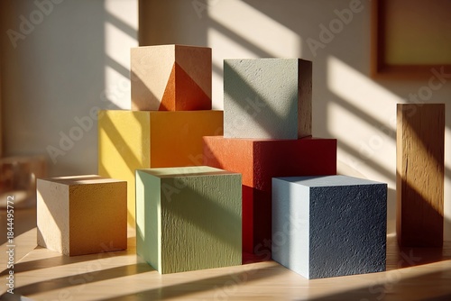 Light and Shadow Dance on Colorful Geometric Blocks in Serene Indoor Setting Generative AI