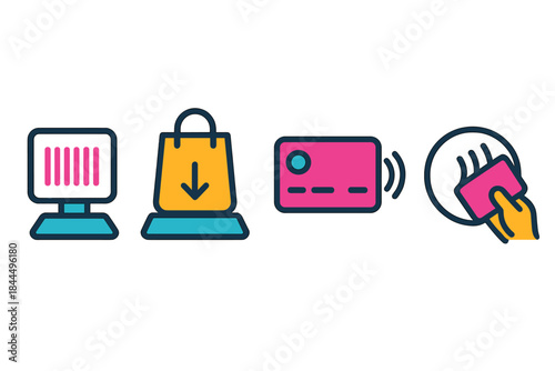 Modern Self-Checkout Icons. Self-Checkout Interface Elements flat set: scan pad icon, item-bag prompt, payment tap symbol.
