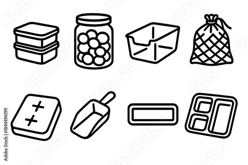 Food Organization Icons. Food keep & organize items linear set: snack box, bulk jar, fridge bin, produce saver bag, cooling block, grain scoop, label strip, portion tray.