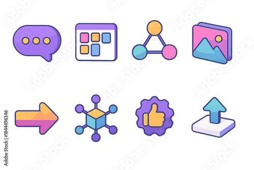3D Isometric Icons Set. Online creation networks flat isometric set: concept bubble, project board tile, shared workspace node, media layer card, flow link arrow, resource hub,