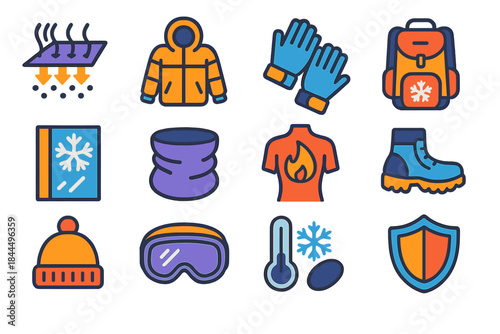 Winter Gear Icons. Cold Climate Protection Elements flat set: heat-lock fabric, insulated parka, winter gloves, snow-resistant backpack, frost barrier icon, neck gaiter, warming