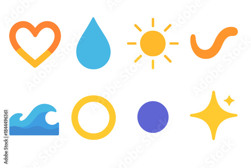 Emotive Minimalist Icons. Emotive Presence flat set: open heart form, serene droplet, warm radiance, expressive curve, tranquil wave, balanced ring, mindful dot, gentle shine.