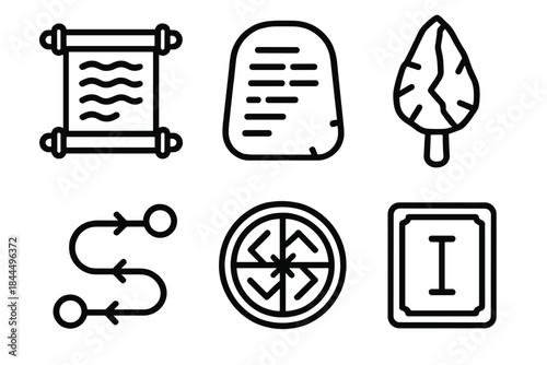 Historical Icon Set. Historical Era Elements linear set: ancient scroll, stone tablet, early tool, trade route line, cultural emblem, era marker.